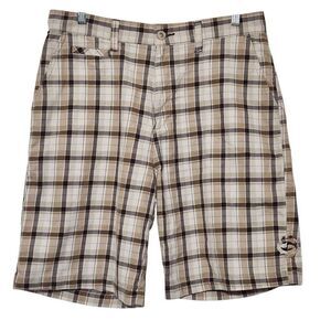 Split men's plaid shorts brown tan cream zip flat front size 33 waist